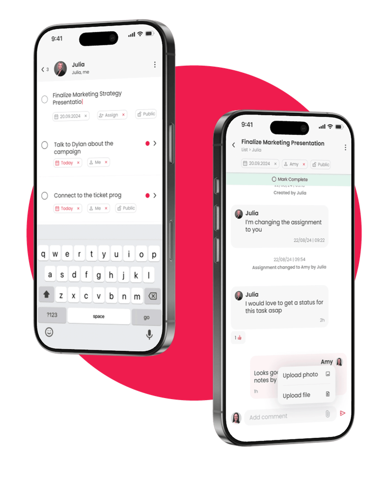A task open in Wabi with its comment thread and a shared file.